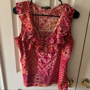 LAUREN RALPH LAUREN 100% Cotton Pretty Ruffled Batik Sleeveless Top Size XL